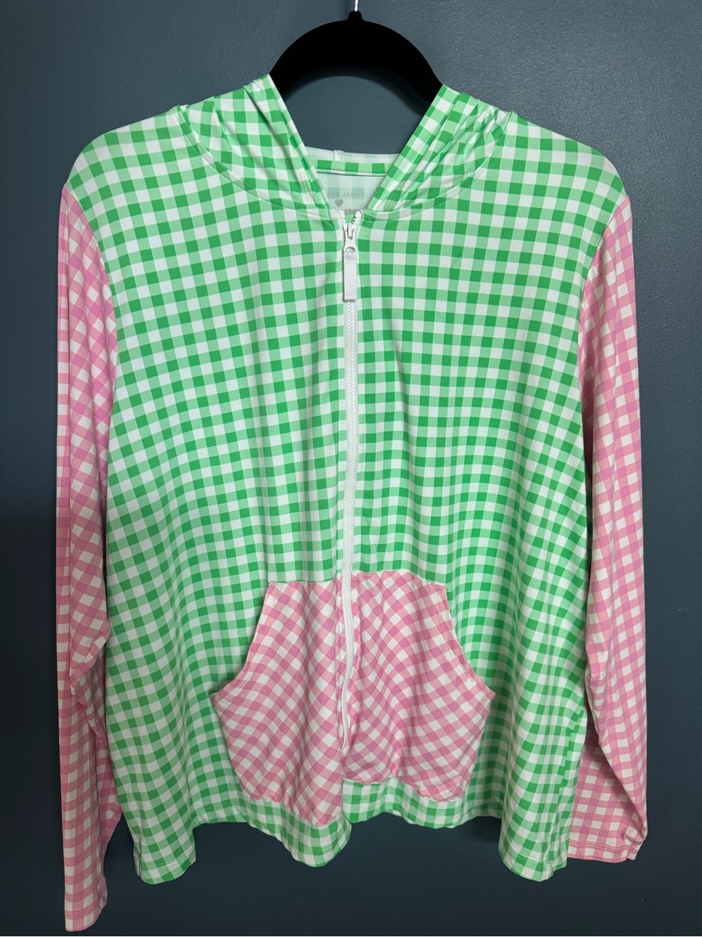 Lands End x Draper James Rash Guard Hoodie 1X Pink Green Gingham Full Zip UPF